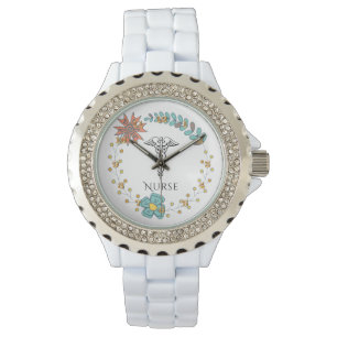 Caduceus Symbol Floral Boho Nurses Nursing Horloge