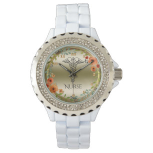 Caduceus Symbol Floral Nurses Nursing Gold Horloge