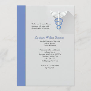 Caduceus Symbool Blauwe Trim Afstuderen Uitnodigin Kaart
