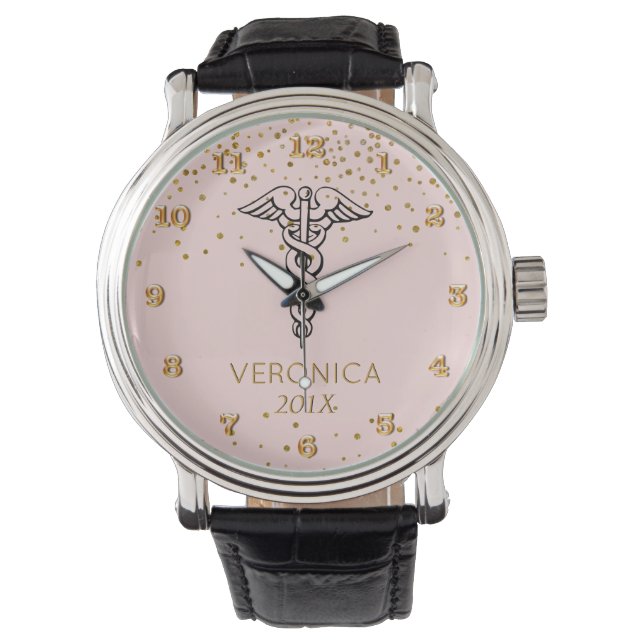 Caduceus Symbool Blush Gold | Verpleegkundigen RN Horloge (Voorkant)