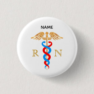 Caduceus-symbool & geregistreerde verpleegster mon ronde button 3,2 cm