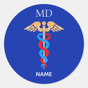 Caduceus-symbool & monogram voor artsen klassiek  ronde sticker