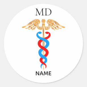 Caduceus-symbool & monogram voor artsen ronde sticker