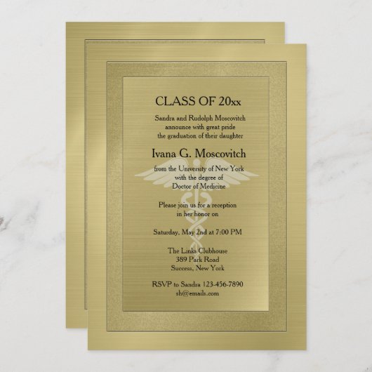 Caduceus Watermerk Gold Medisch Afstuderen Uitnodi Kaart (Voorkant / Achterkant)