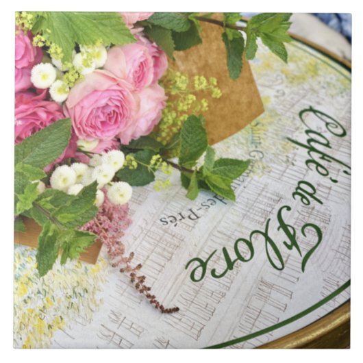 Cafe de Flore Bistro Table met Rozen keramische te Tegeltje (Voorkant)