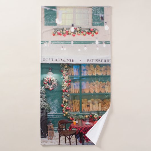Café de Noël extérieur boulangerie avec décoration (Serviette de bain)