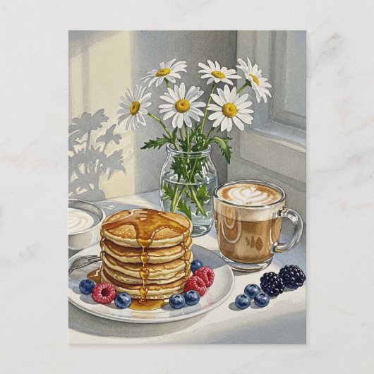 Café Latte Pancakes Petit-déjeuner Carte postale (Devant)