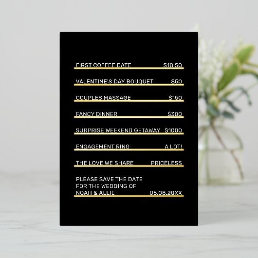 Café Menu Fun Unique Save the Date Gold Folie Uitnodiging (Staand Voorkant)