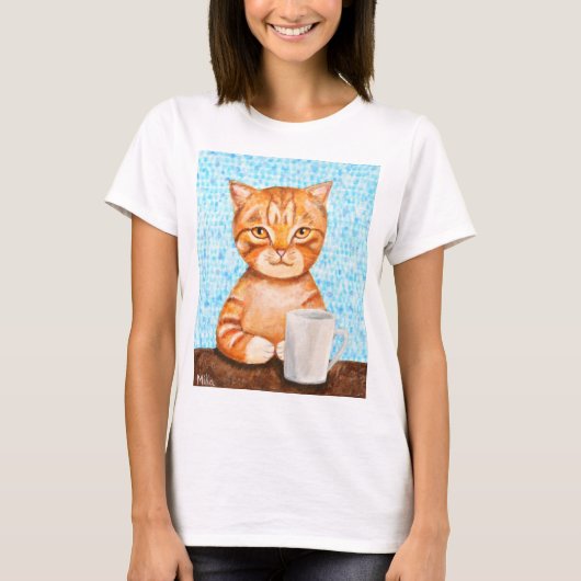 Café potable orange de chat tigré de T-shirt drôle (Devant)