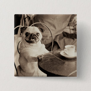 Cafe Pug Vierkante Button 5,1 Cm