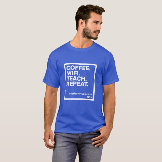 Café. WiFi. Enseigner. Recommencer. T-shirt (bleu  (Devant entier)