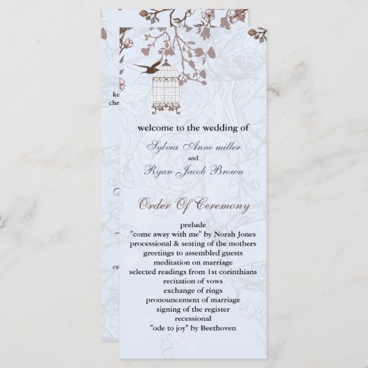 cage d'oiseau bleu floral, programmes de mariage i (Devant / Derrière)