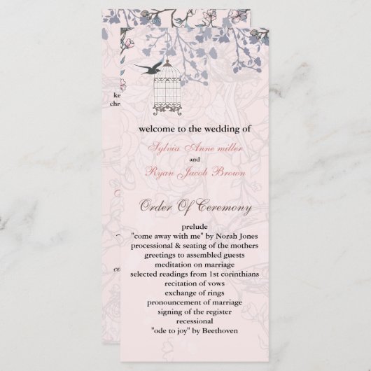 cage d'oiseau rose floral, programmes de mariage i (Devant / Derrière)