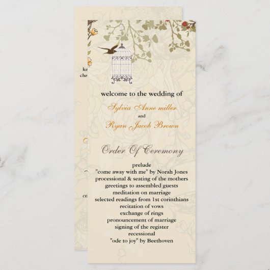 cage d'oiseaux brun floral, programmes de mariage  (Devant / Derrière)