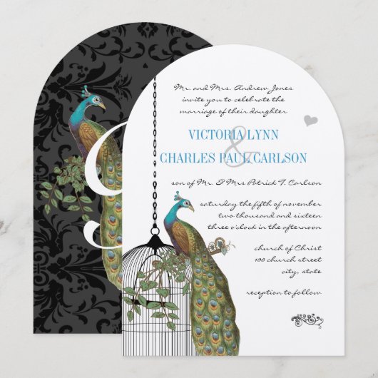 Cage d'oiseaux vintage Peacock Invitations de mari (Devant / Derrière)
