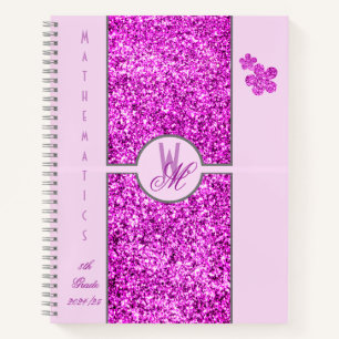 Cahier à paillettes rose girly avec monogramme pou