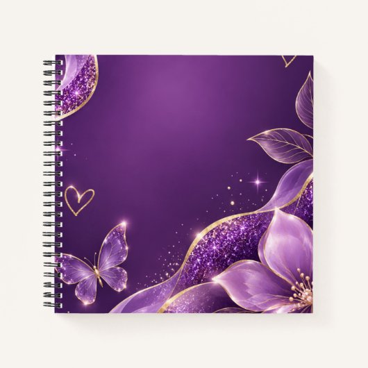 Cahier à spirale à fleurs violet pailleté (Devant)