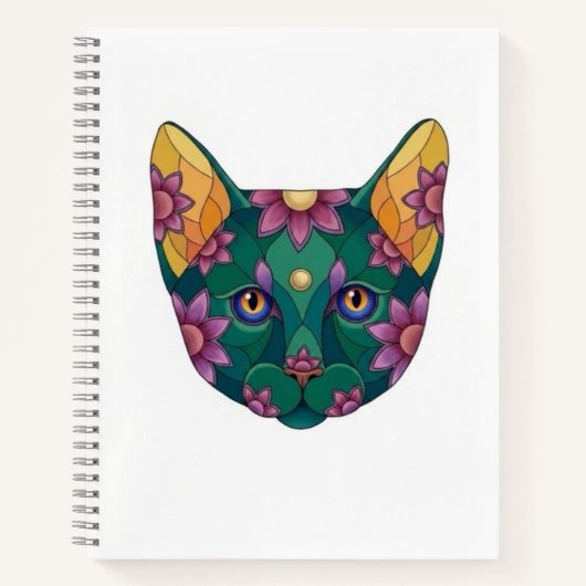 Cahier à spirale avec chat vert et fleurs (Devant)