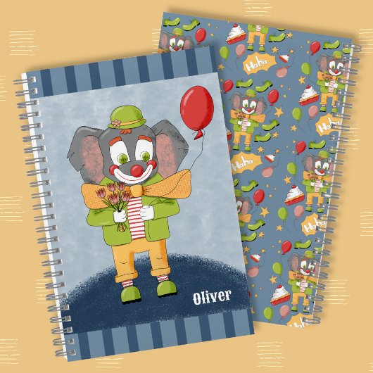Cahier à spirale enfant éléphant clown mignon avec
