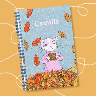 Cahier à spirale Enfant et Chat Gracieux et Feuill
