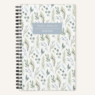 Cahier à spirale feuilles bleu et vert aquarelle