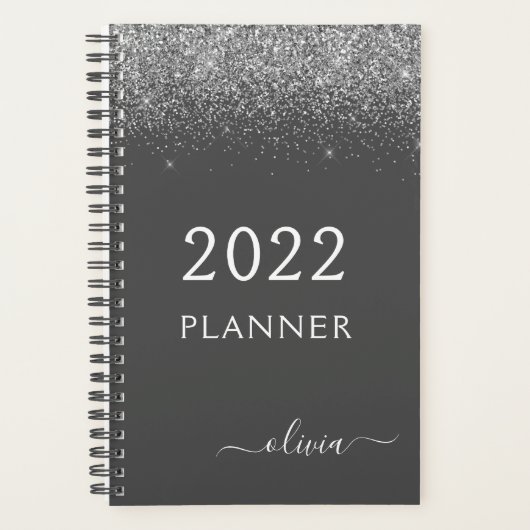 Cahier à spirale monogramme pailleté gris argenté (Devant)