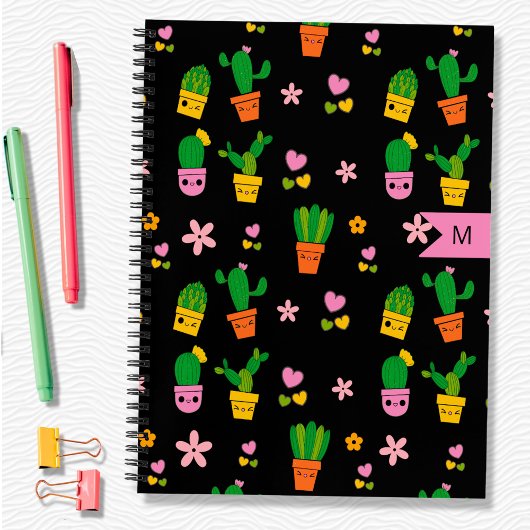 Cahier à spirale noir monogrammé Cactus Kawaii