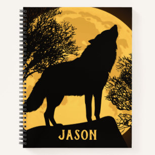 Cahier à spirale pleine lune loup noir et jaune
