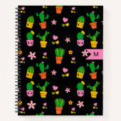 Cahier à spirales noir monogrammé Kawaii Cactus (Devant)