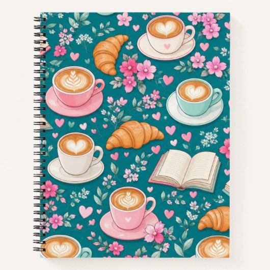 Cahier Café Croissants et Fleurs Roses (Devant)