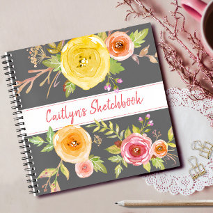 Cahier de croquis à l'aquarelle florale grise nom