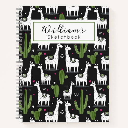 Cahier de croquis Cactus Lama Noir Blanc Mignon po (Devant)