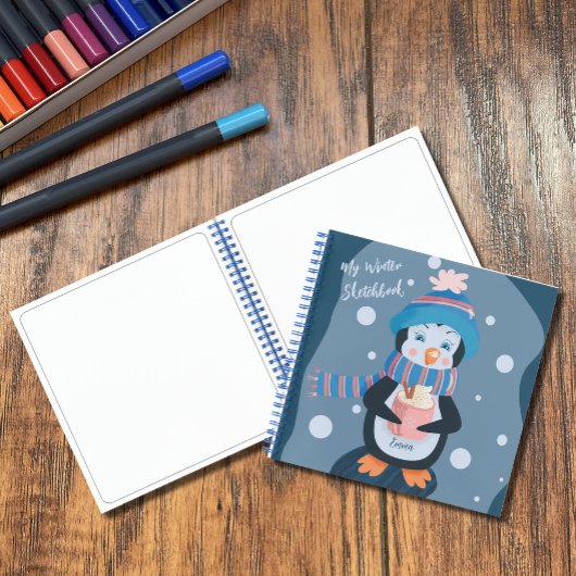 Cahier de dessin enfant pingouin mignon bleu hiver