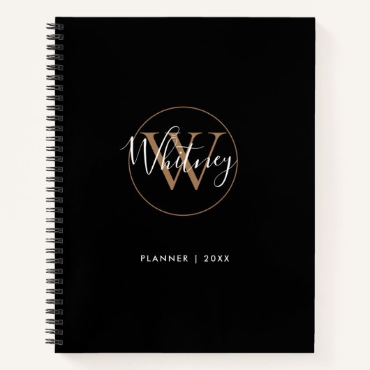 Cahier de nom de monogramme de script or noir élég (Devant)