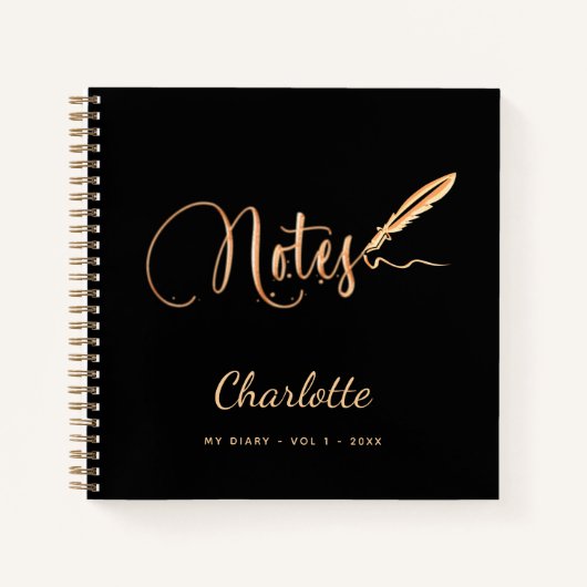 Cahier de nom de script élégant stylo or noir (Devant)