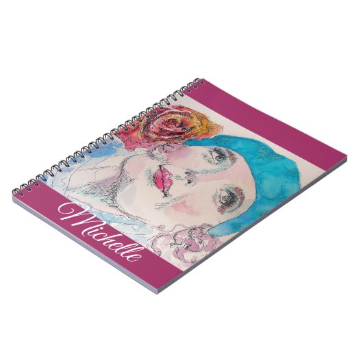 Cahier de notes Fille Rose rouge aquarelle prune r (Côté gauche)