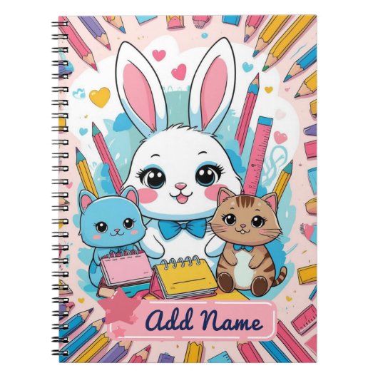 Cahier de notes Lapin et Chats mignons – Nom perso (Devant)