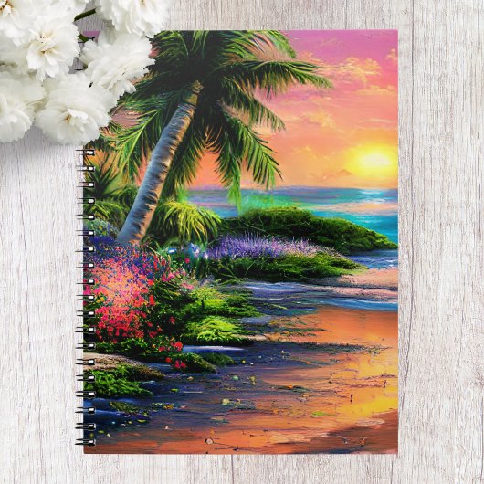 Cahier de plage tropicale, coucher de soleil sur l