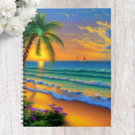 Cahier de plage tropicale, coucher de soleil sur l