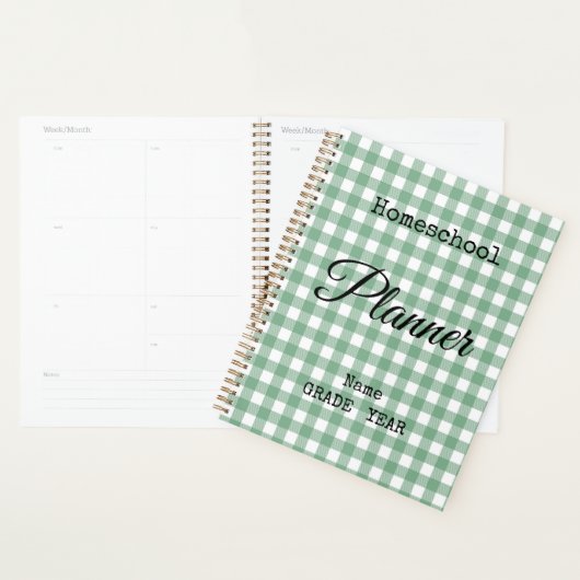 Cahier de planification spirale Gingham vert pour (Devant avec enveloppe)