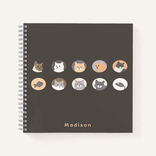 Cahier Gris Foncé aux Visages de Chat Mignons avec (Devant)