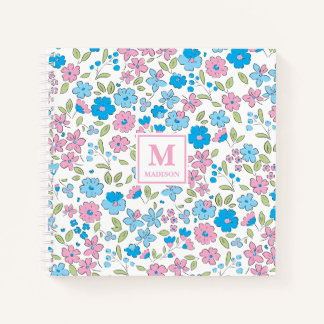 Cahier Journal Monogramme Floral Rose Bleu