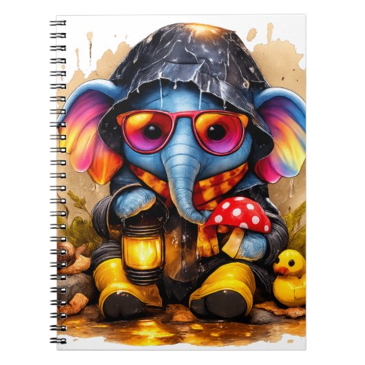 Cahier Kawaii Éléphant Mignon sous Imperméable (Devant)