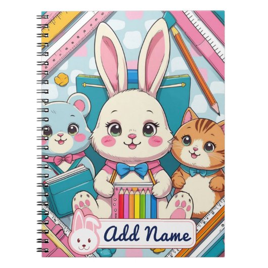Cahier Mignon Lapin & Chat – Nom Éditable (Devant)