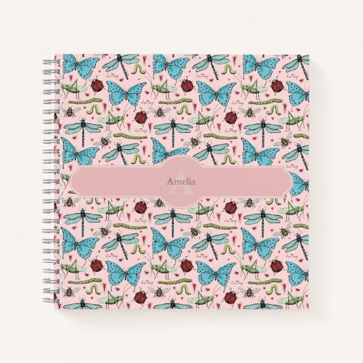 Cahier Monogramme Insectes Rose Pâle (Devant)