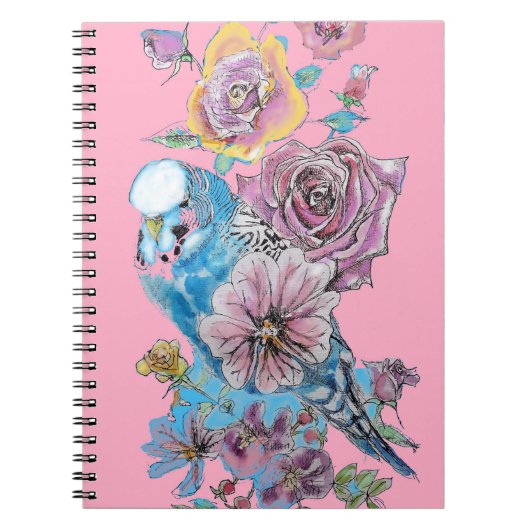 Cahier Oiseau Roseau Aquarelle Rose Budgie Bleu (Devant)