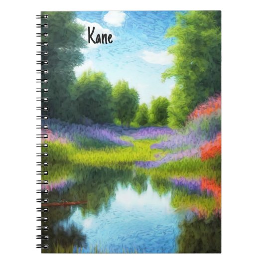 Cahier peint image A1 d'un étang et de fleurs (Devant)