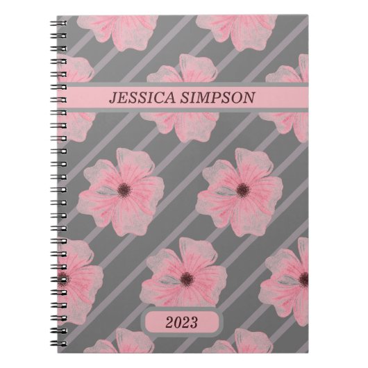 Cahier personnalisé Fleurs roses et rayures (Devant)