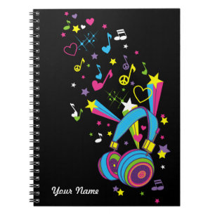 Cahier Personnalisé Noir Notes de Musique Casque