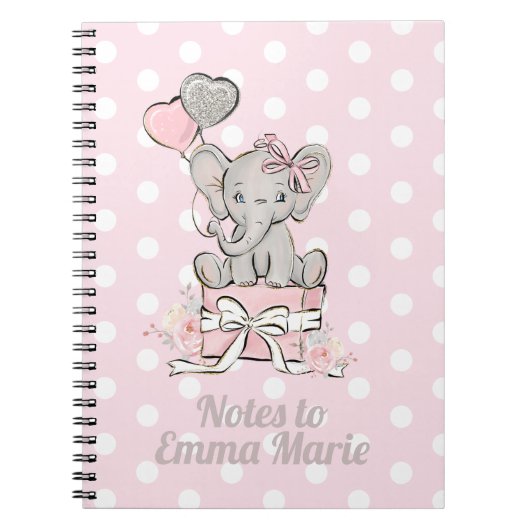 Cahier Rose Argent Notes pour Bébé Fille Eléphant (Devant)